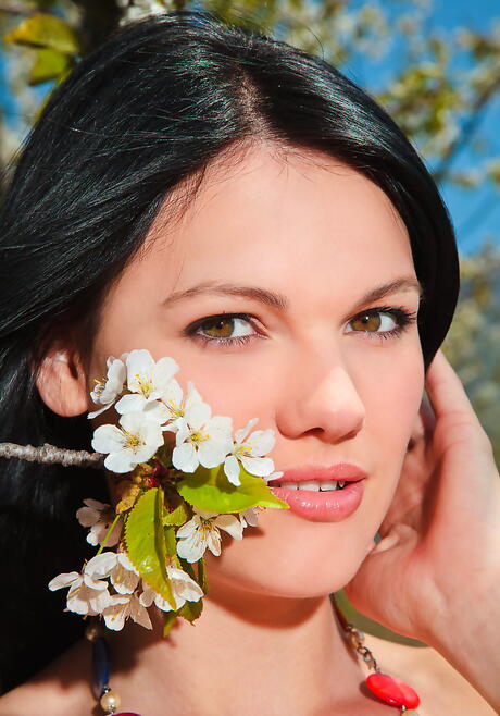 Very attractive brunette youthful Nichole A revealing tiny tits and spreading her legs outdoor